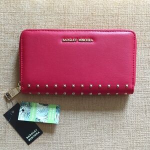 Badgley Mischka Cherry Red Long Zip Around Faux Leather Gold Studded Wallet